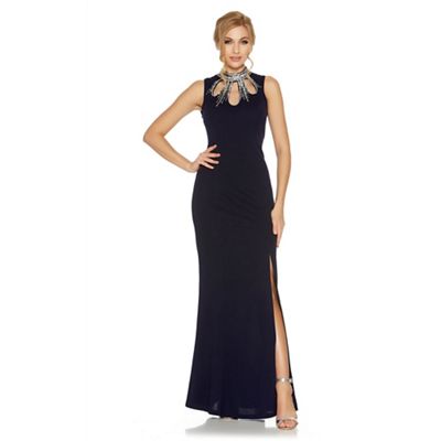 Navy embellished cut out fishtail maxi dress